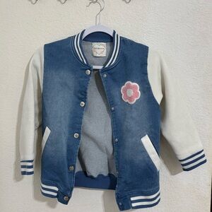 btween Blue and White Varsity Jacket with Pink Flower Patch